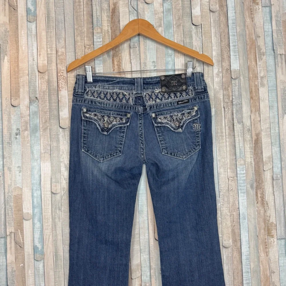 Miss Me 29 Fleur de Lis Embellished Flap Pocket Boot Jean Embroidered Rhinestone